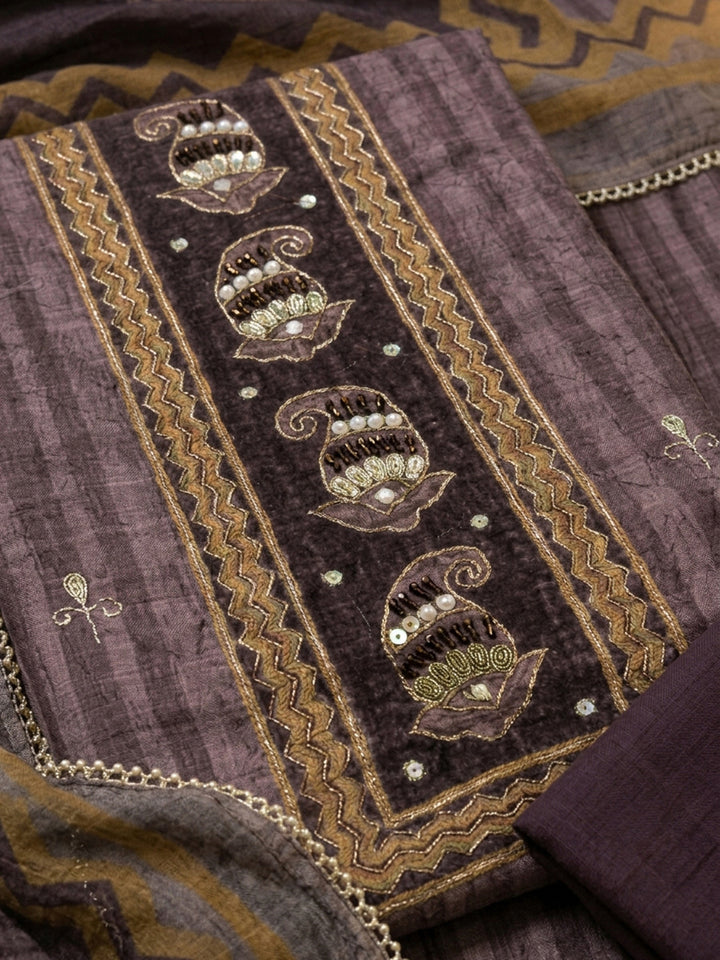 Wine Printed Chanderi Unstitched Dress Material