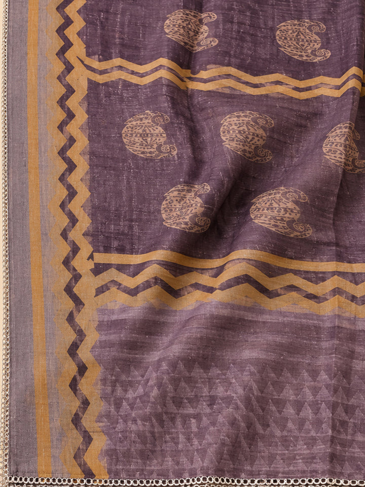 Wine Printed Chanderi Unstitched Dress Material