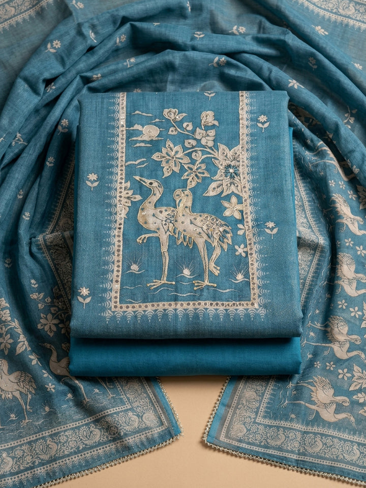 Blue Printed Chanderi Unstitched Suit &amp; Pant With Chanderi Dupatta