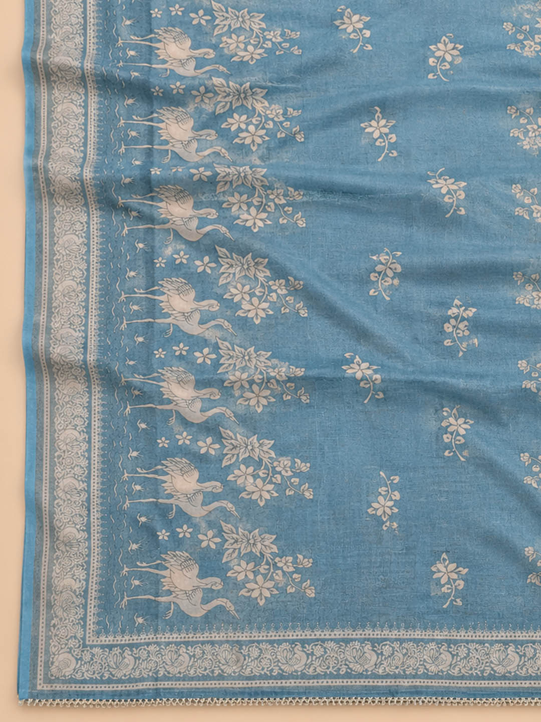 Blue Printed Chanderi Unstitched Suit &amp; Pant With Chanderi Dupatta
