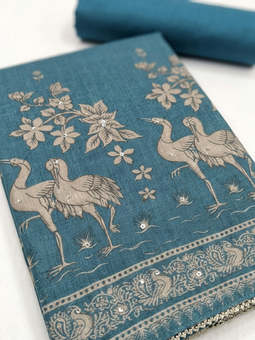 Blue Printed Chanderi Unstitched Suit &amp; Pant With Chanderi Dupatta