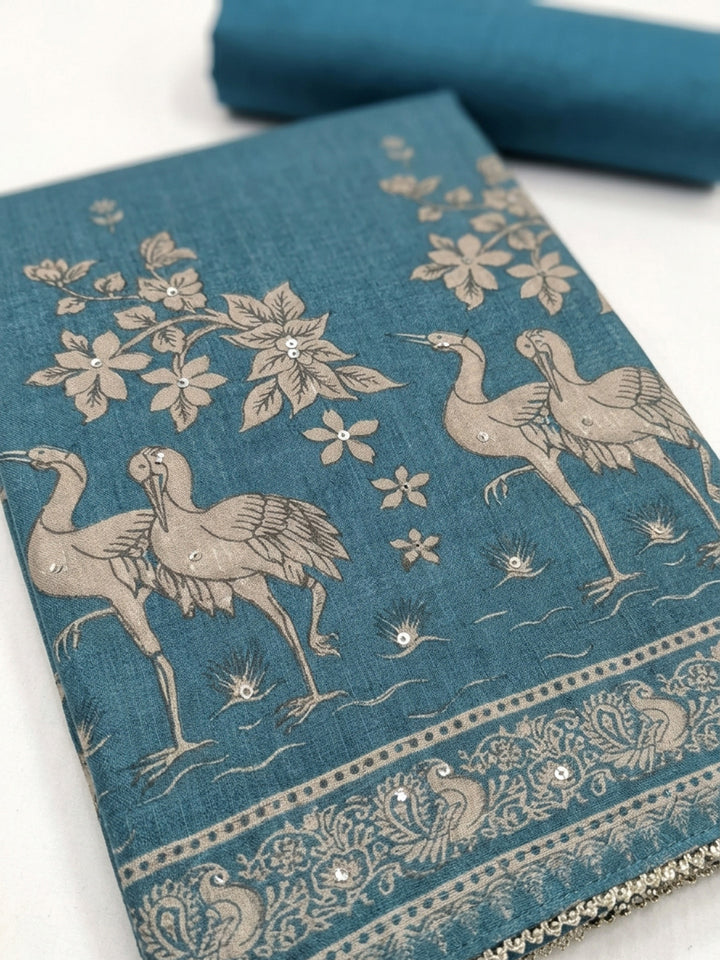 Blue Printed Chanderi Unstitched Suit &amp; Pant With Chanderi Dupatta