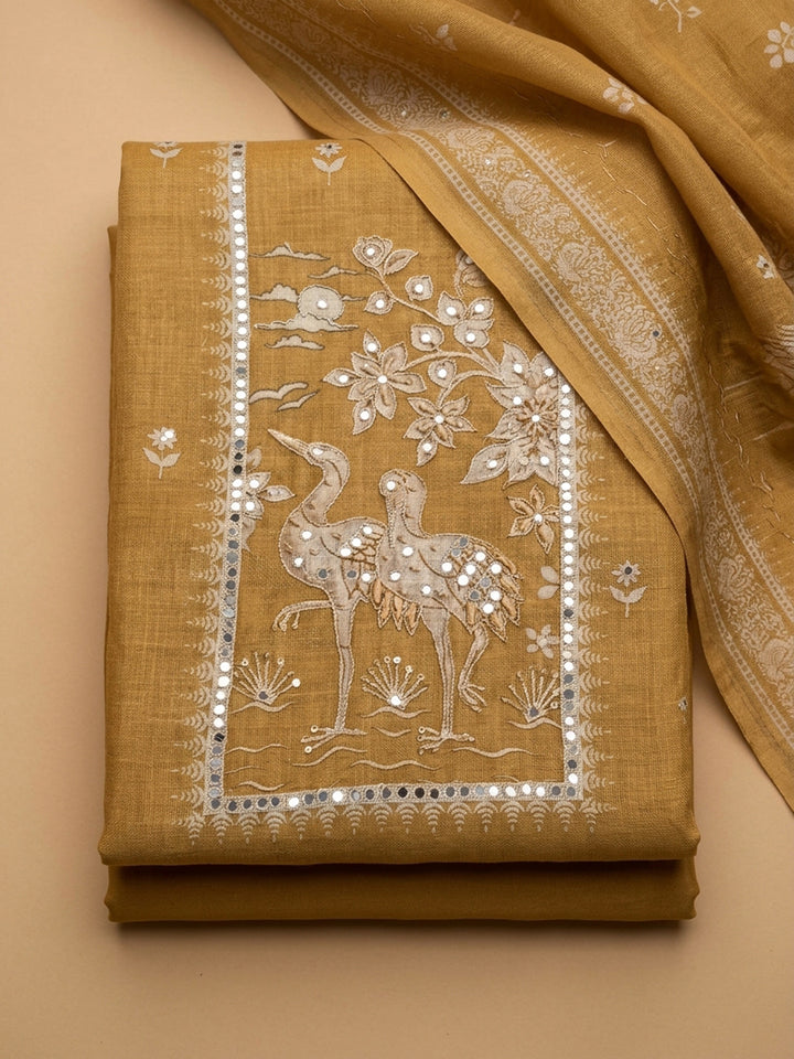Mustard Printed Chanderi Unstitched Suit &amp; Pant With Chanderi Dupatta