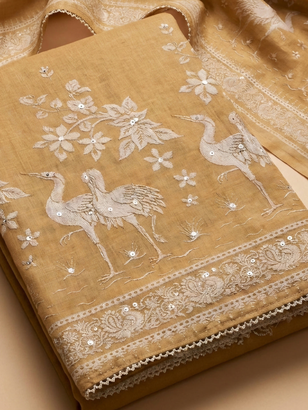 Mustard Printed Chanderi Unstitched Suit &amp; Pant With Chanderi Dupatta