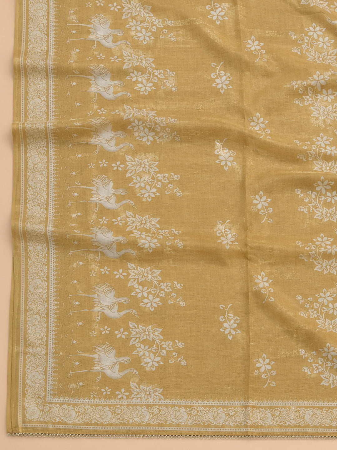 Mustard Printed Chanderi Unstitched Suit &amp; Pant With Chanderi Dupatta