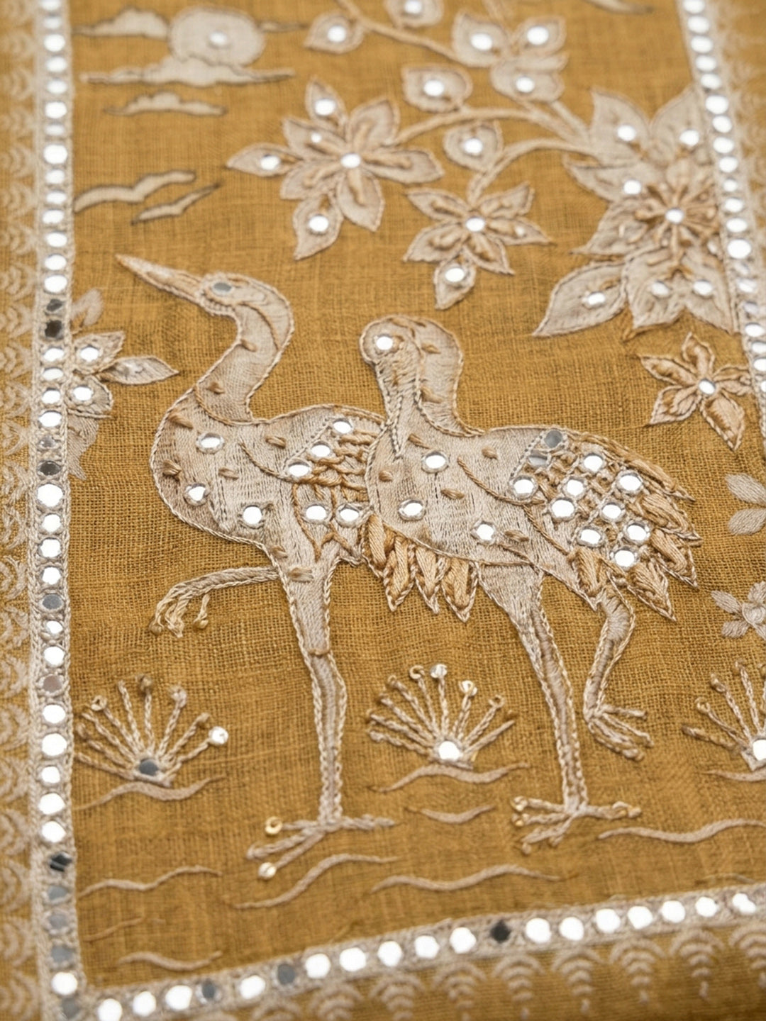 Mustard Printed Chanderi Unstitched Suit &amp; Pant With Chanderi Dupatta