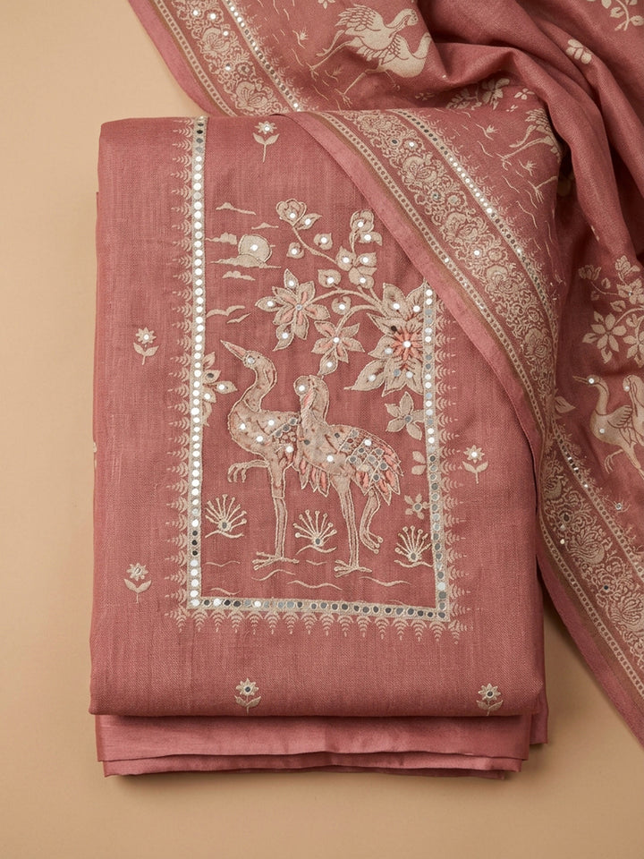 Peach Printed Chanderi Unstitched Suit &amp; Pant With Chanderi Dupatta
