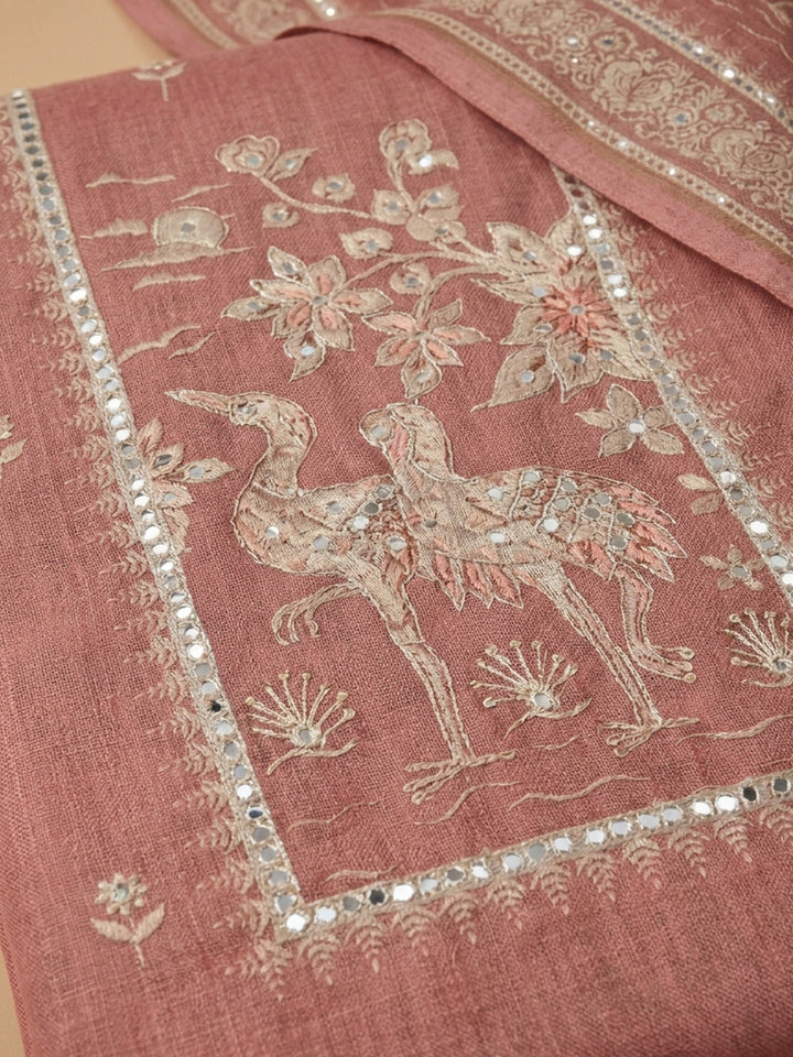 Peach Printed Chanderi Unstitched Suit &amp; Pant With Chanderi Dupatta