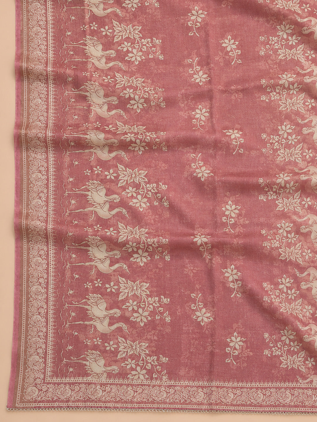 Peach Printed Chanderi Unstitched Suit &amp; Pant With Chanderi Dupatta