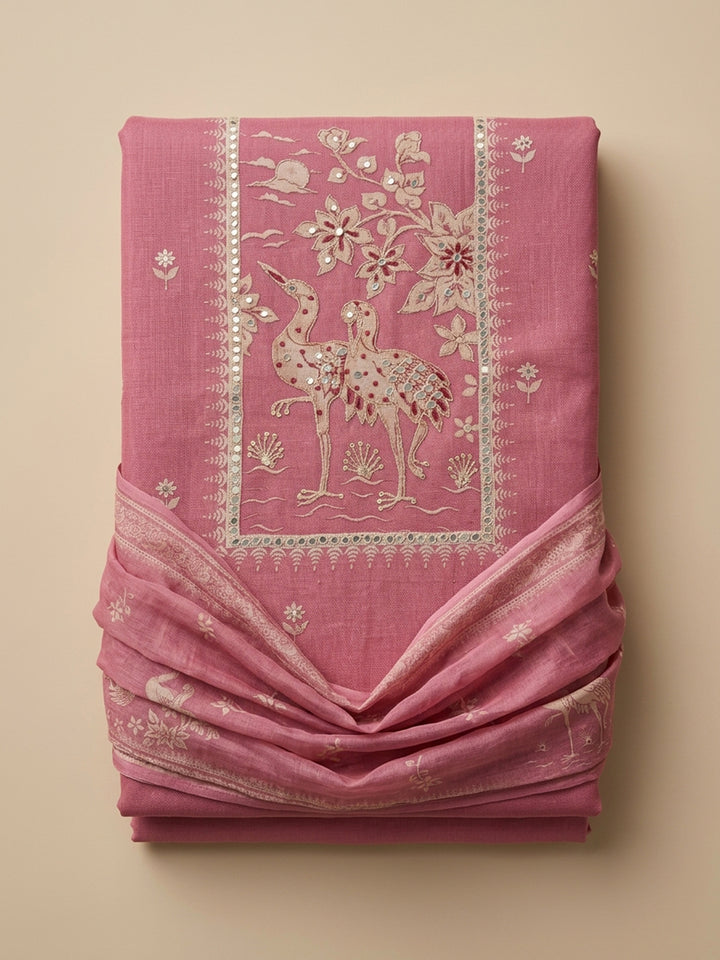Pink Printed Chanderi Unstitched Suit &amp; Pant With Chanderi Dupatta
