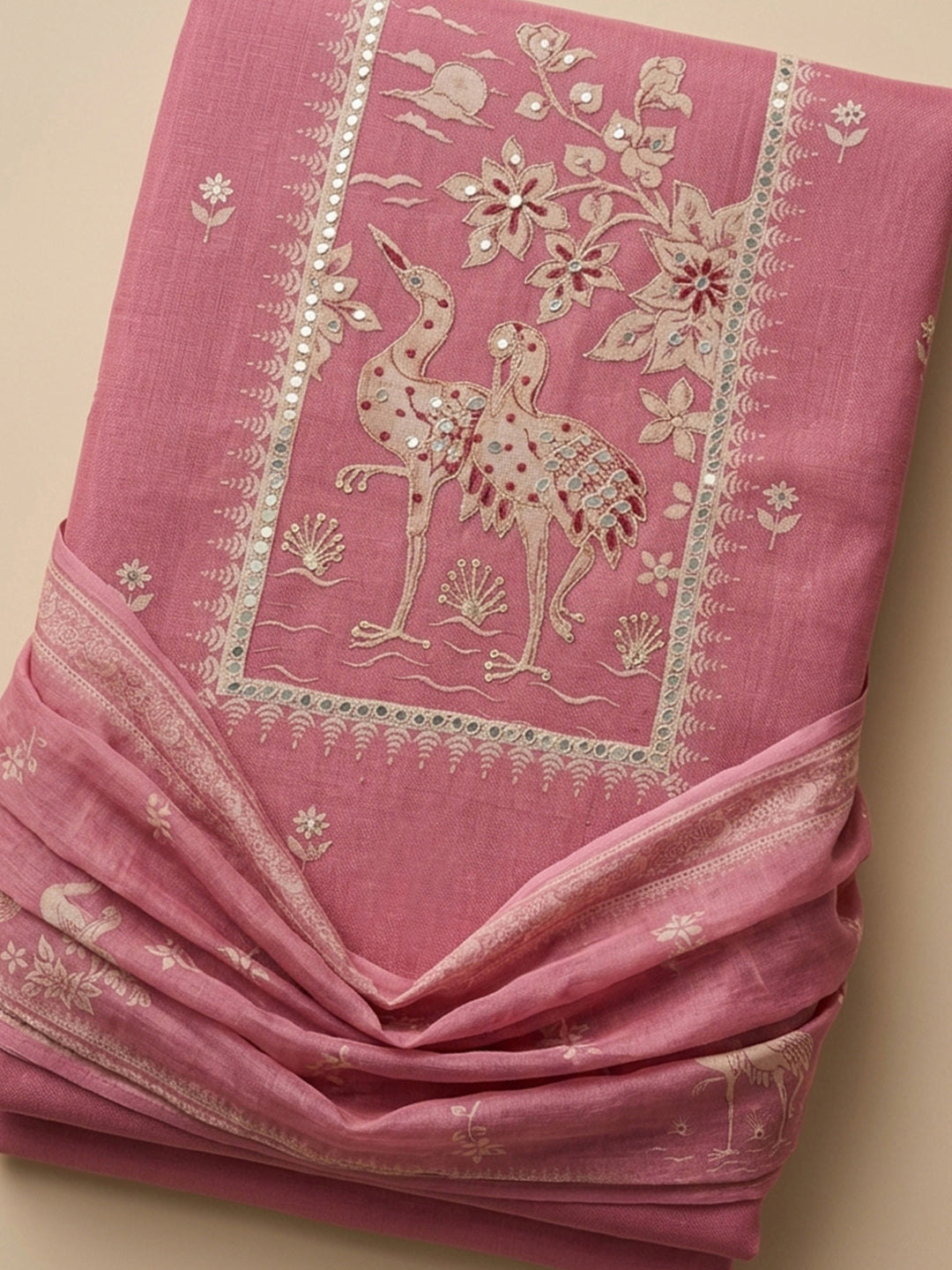 Pink Printed Chanderi Unstitched Suit &amp; Pant With Chanderi Dupatta