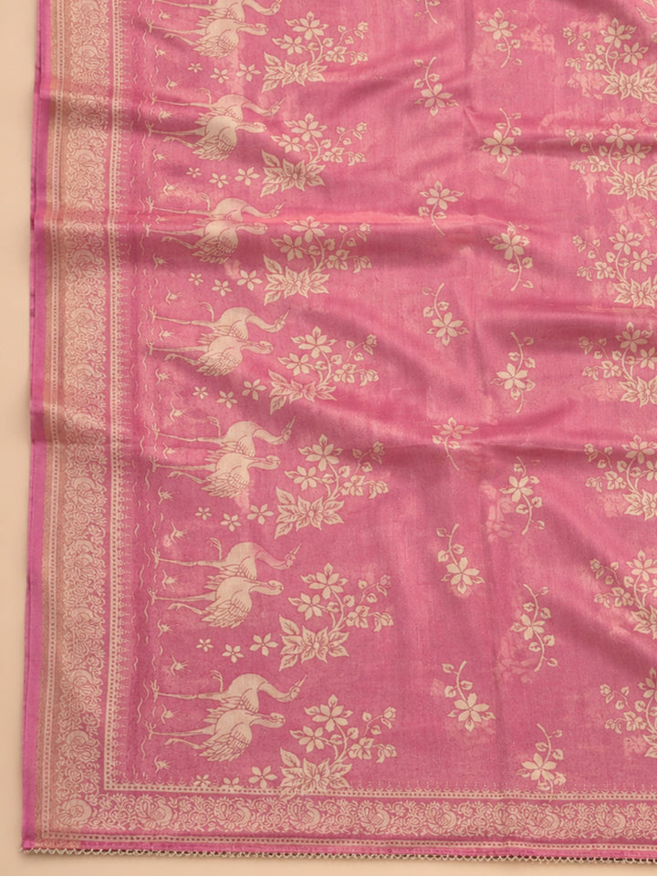 Pink Printed Chanderi Unstitched Suit &amp; Pant With Chanderi Dupatta