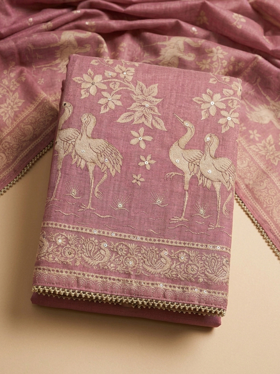 Pink Printed Chanderi Unstitched Suit &amp; Pant With Chanderi Dupatta