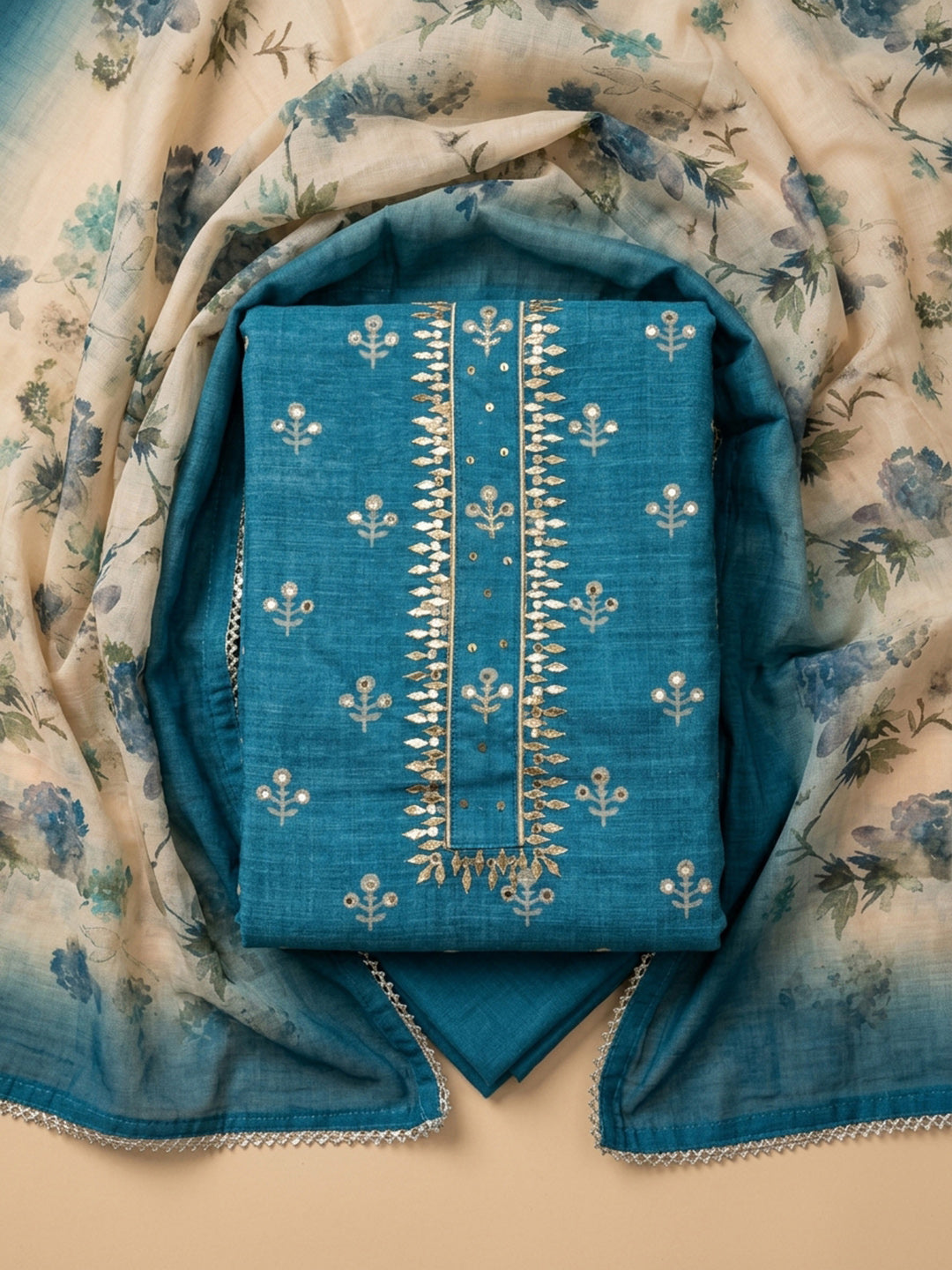Blue Printed Chanderi Unstitched Dress Material