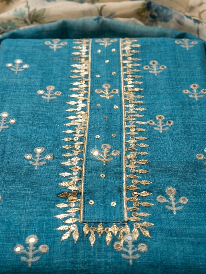 Blue Printed Chanderi Unstitched Dress Material
