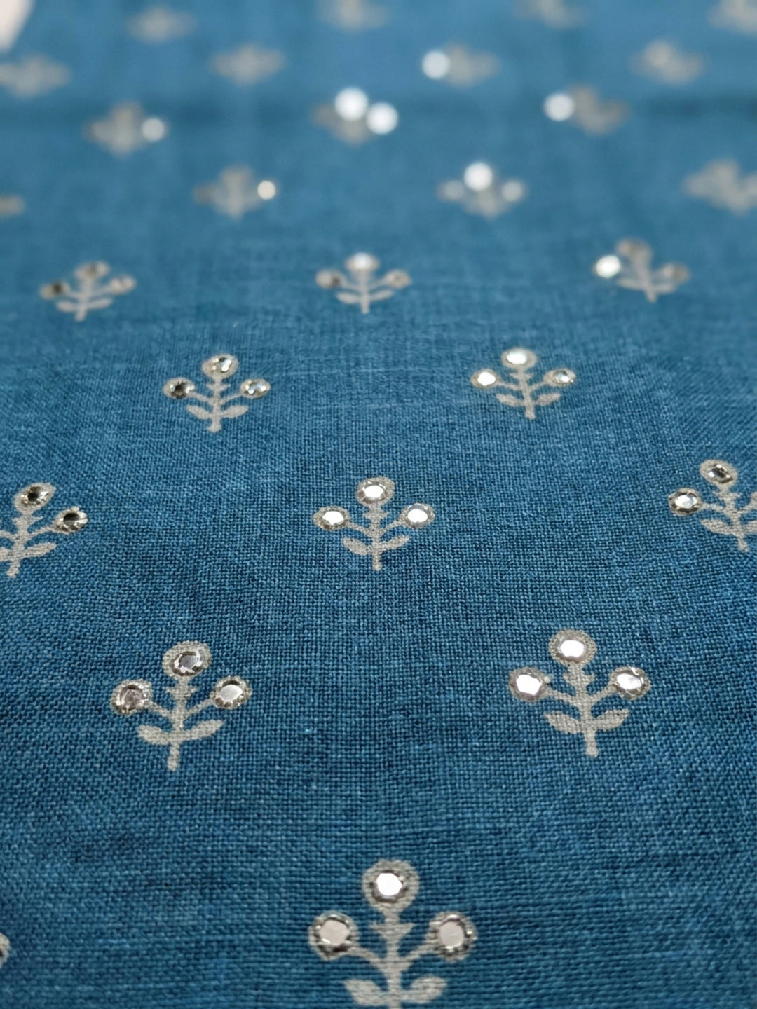 Blue Printed Chanderi Unstitched Dress Material