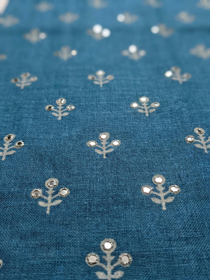 Blue Printed Chanderi Unstitched Dress Material