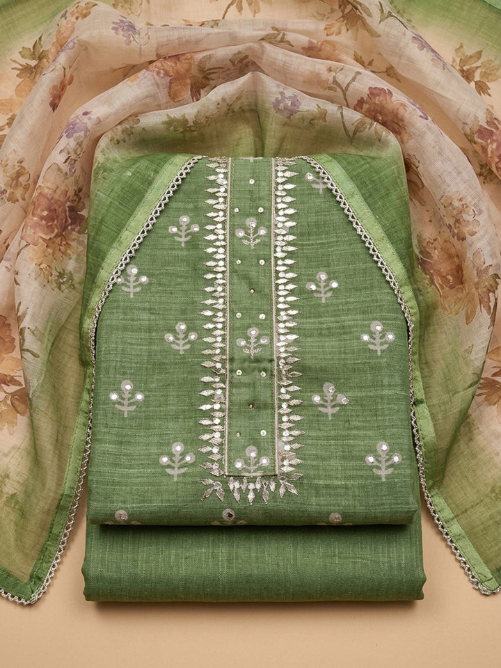 Green Printed Chanderi Unstitched Dress Material