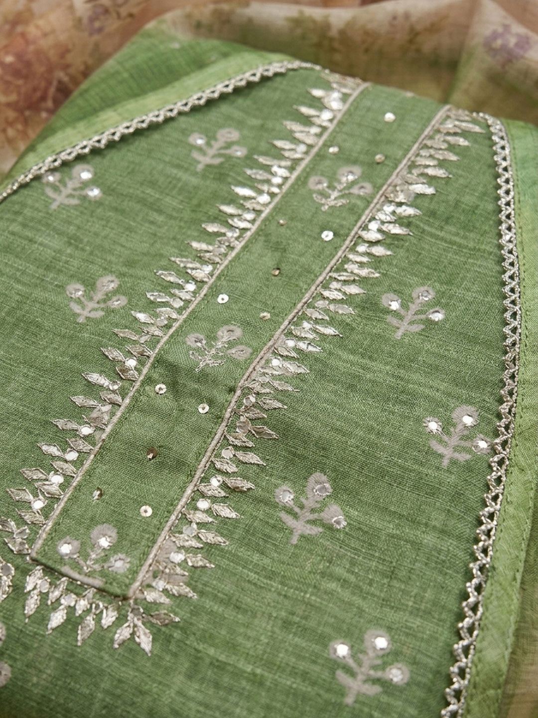 Green Printed Chanderi Unstitched Dress Material