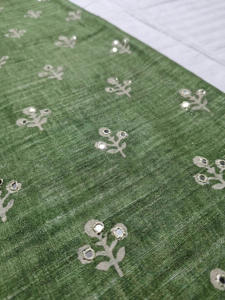 Green Printed Chanderi Unstitched Dress Material