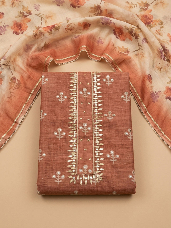 Rust Printed Chanderi Unstitched Dress Material