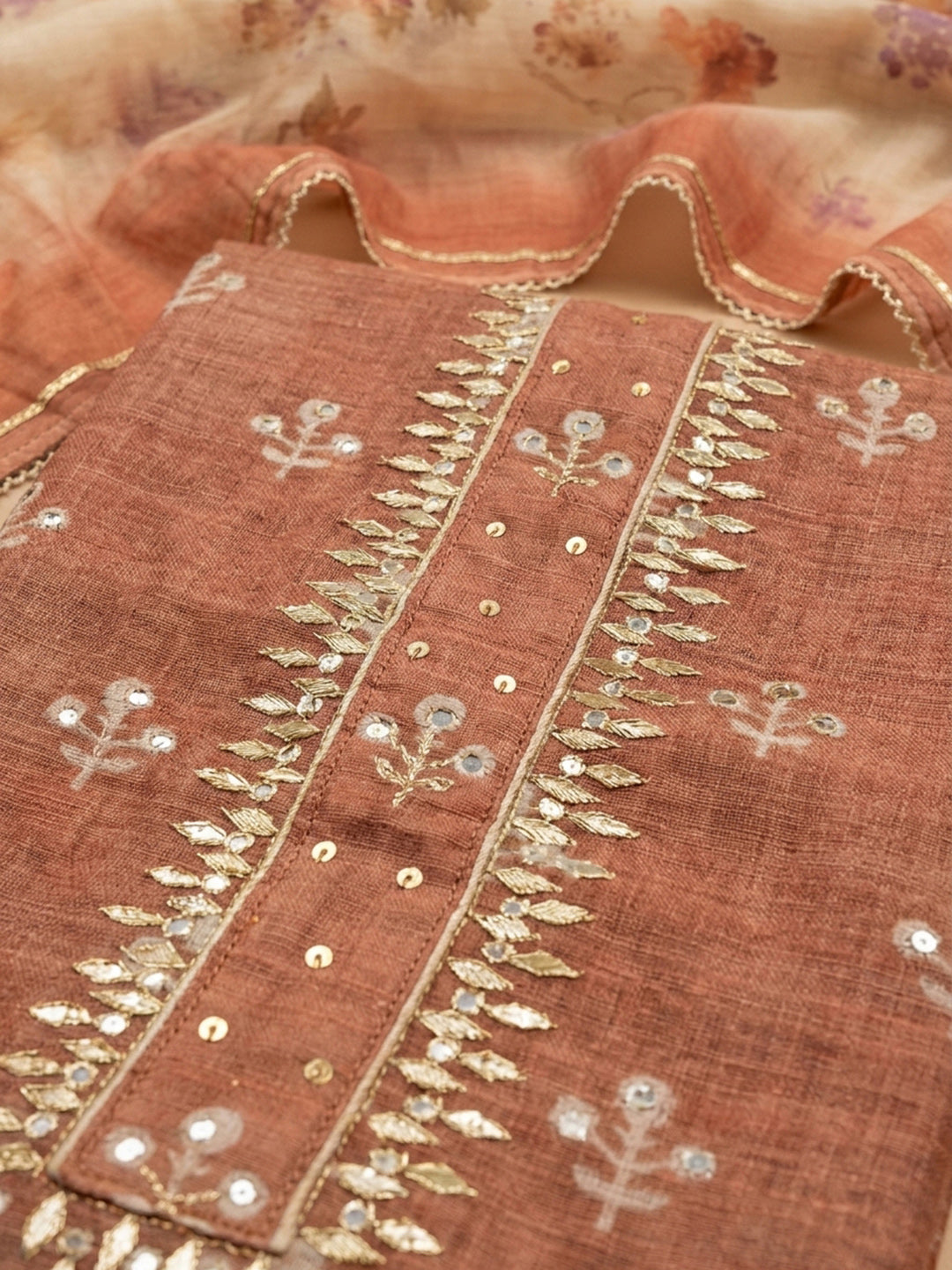 Rust Printed Chanderi Unstitched Dress Material