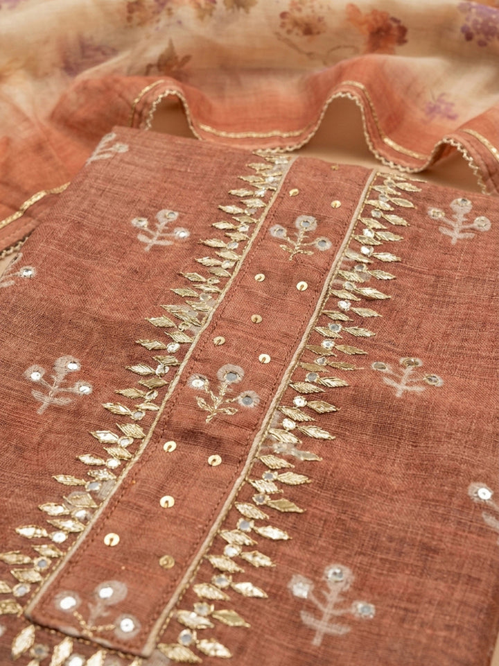 Rust Printed Chanderi Unstitched Dress Material