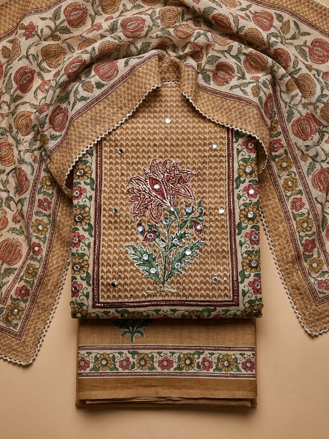 Beige Printed Chanderi Unstitched Dress Material
