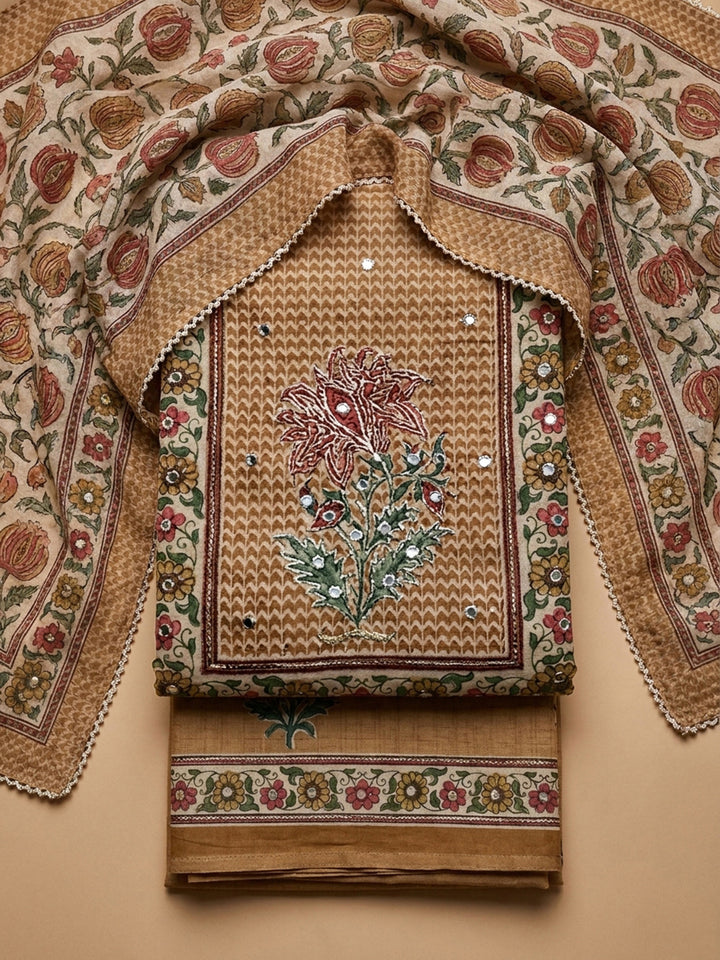 Beige Printed Chanderi Unstitched Dress Material
