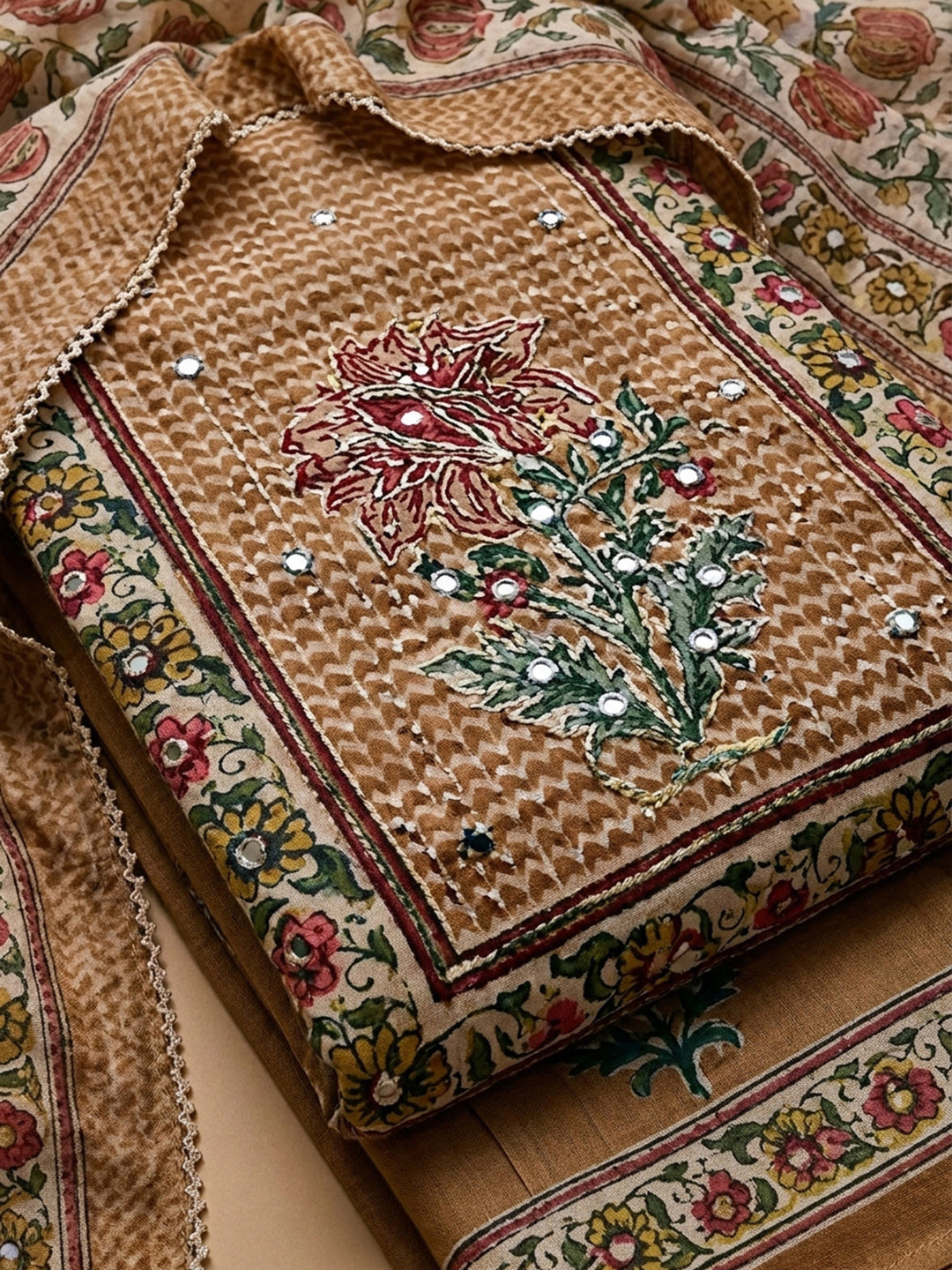 Beige Printed Chanderi Unstitched Dress Material