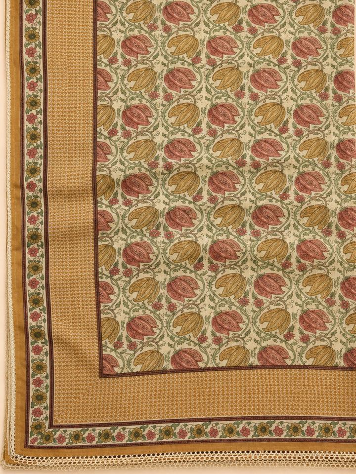 Beige Printed Chanderi Unstitched Dress Material