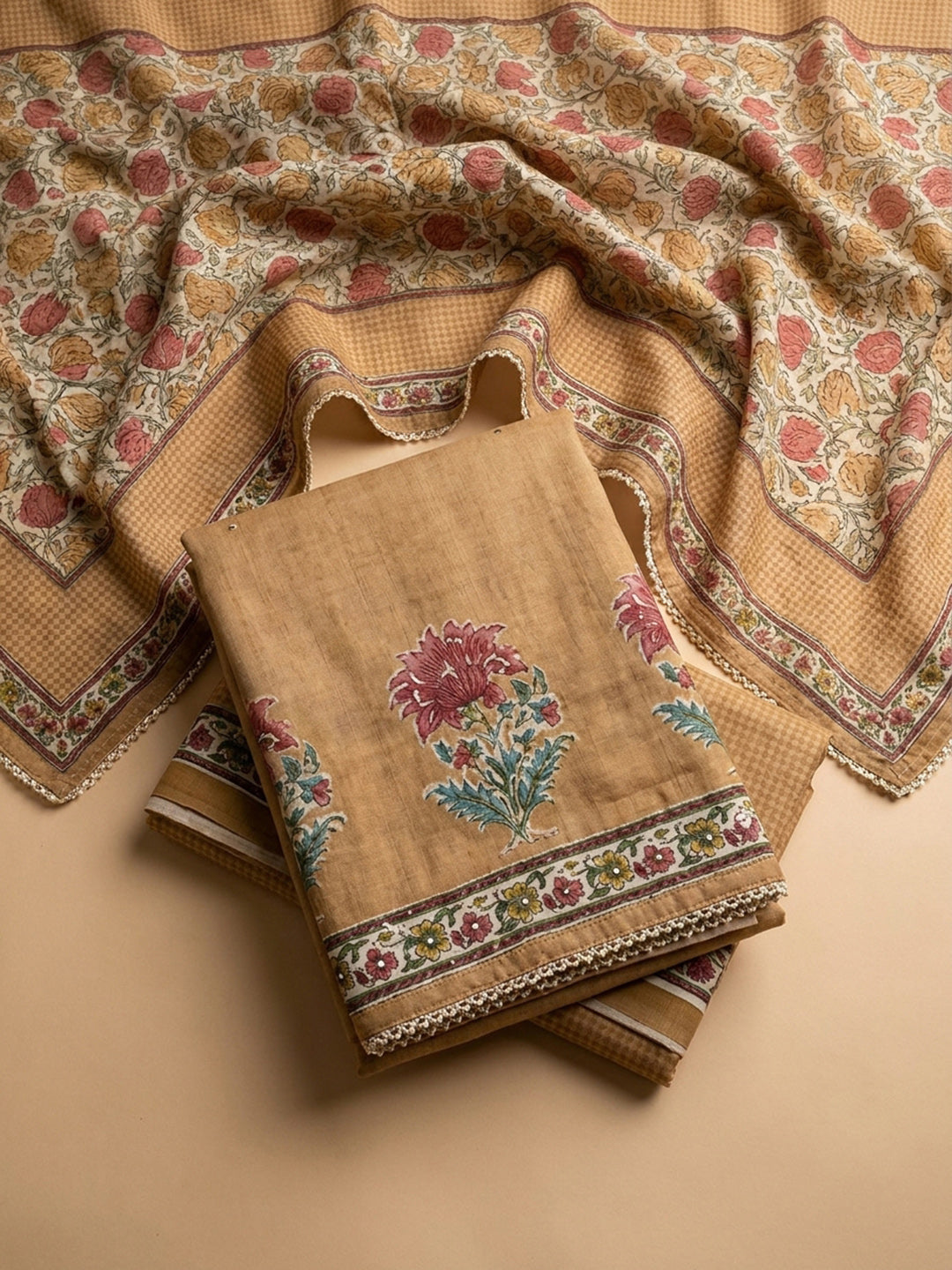 Beige Printed Chanderi Unstitched Dress Material