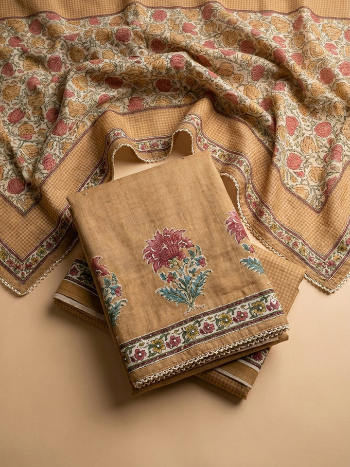 Beige Printed Chanderi Unstitched Dress Material