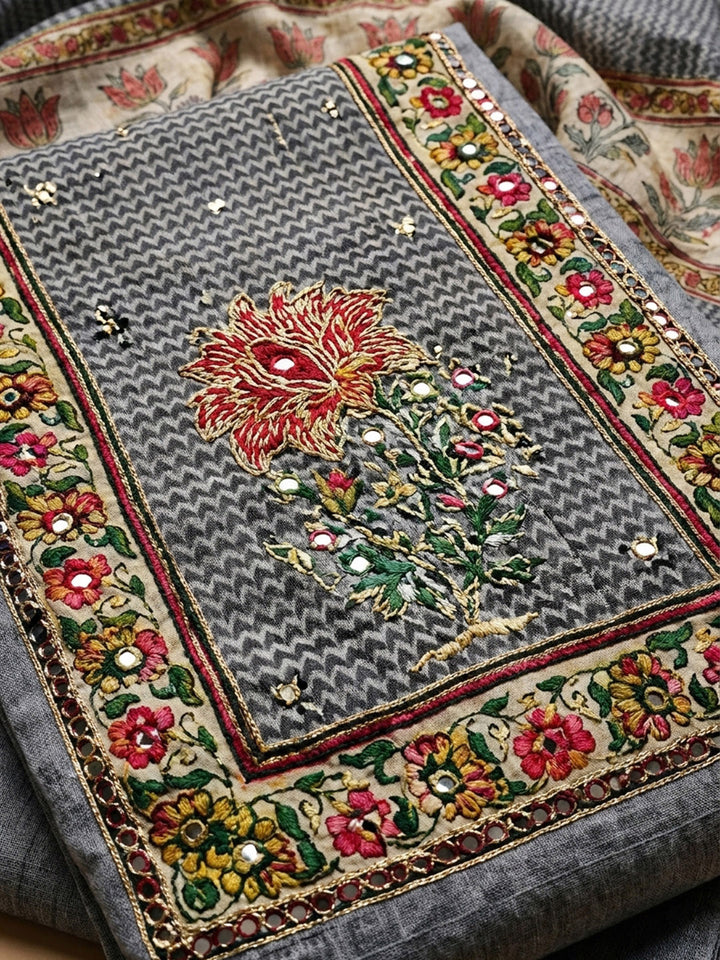Grey Printed Chanderi Unstitched Dress Material