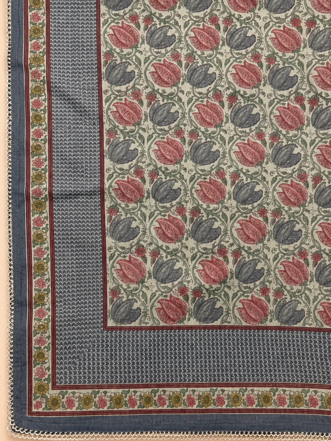 Grey Printed Chanderi Unstitched Dress Material