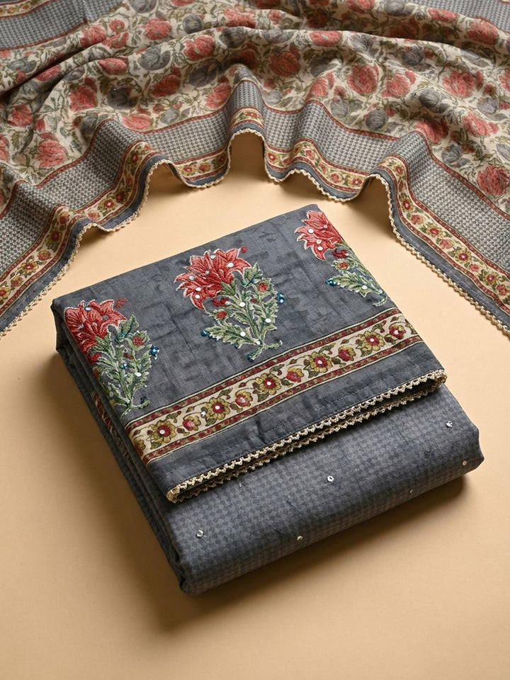 Grey Printed Chanderi Unstitched Dress Material
