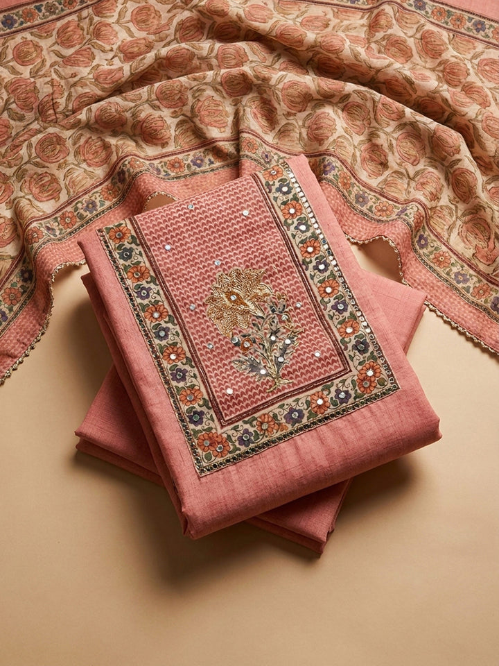 Peach Printed Chanderi Unstitched Dress Material