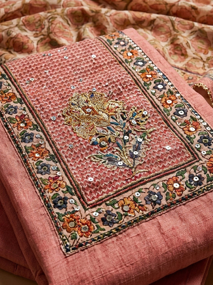 Peach Printed Chanderi Unstitched Dress Material