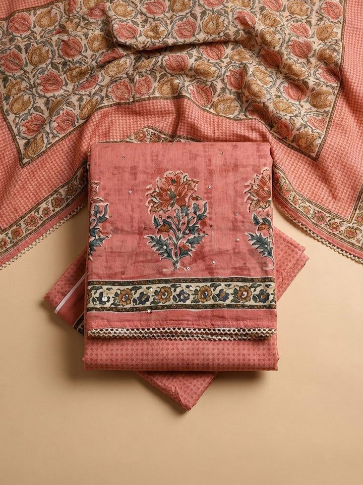Peach Printed Chanderi Unstitched Dress Material