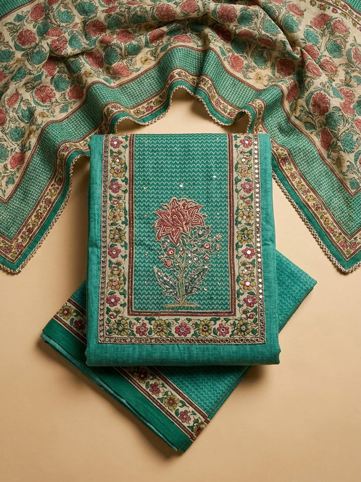 Rama Green Printed Chanderi Unstitched Dress Material