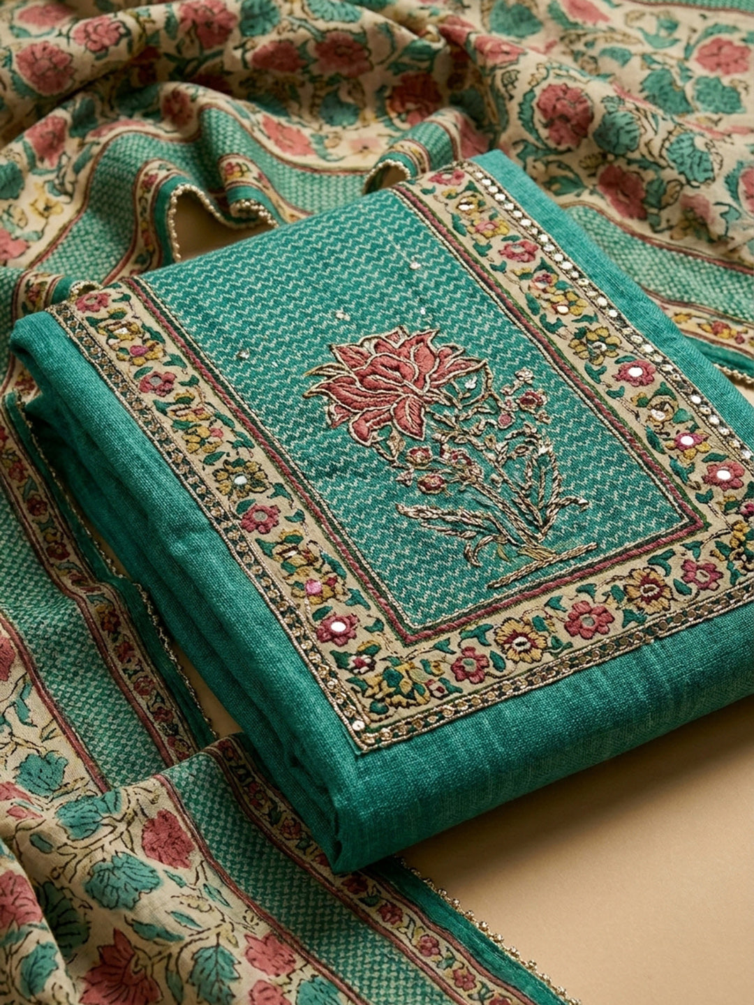 Rama Green Printed Chanderi Unstitched Dress Material