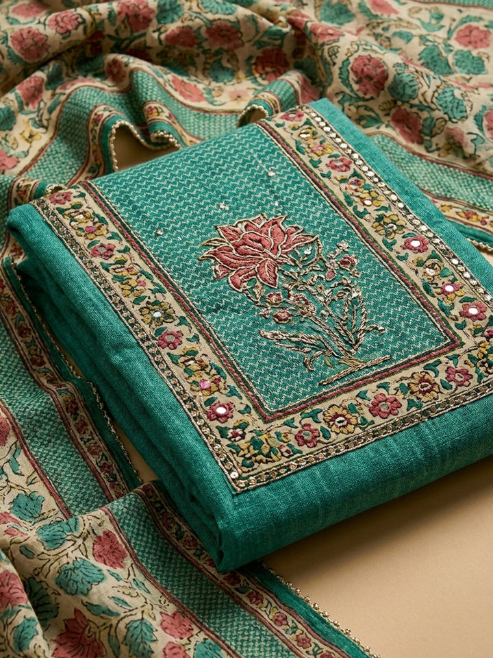 Rama Green Printed Chanderi Unstitched Dress Material
