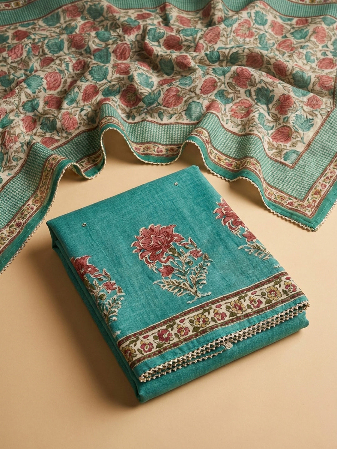 Rama Green Printed Chanderi Unstitched Dress Material