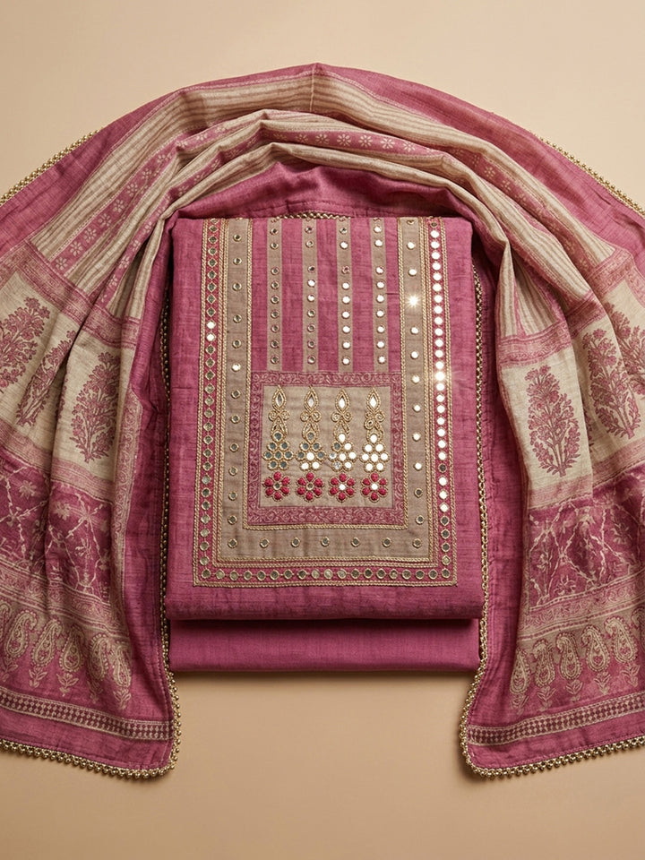 Onion Pink Printed Chanderi Unstitched Dress Material