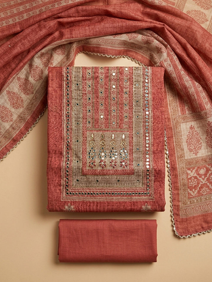 Peach Printed Chanderi Unstitched Dress Material