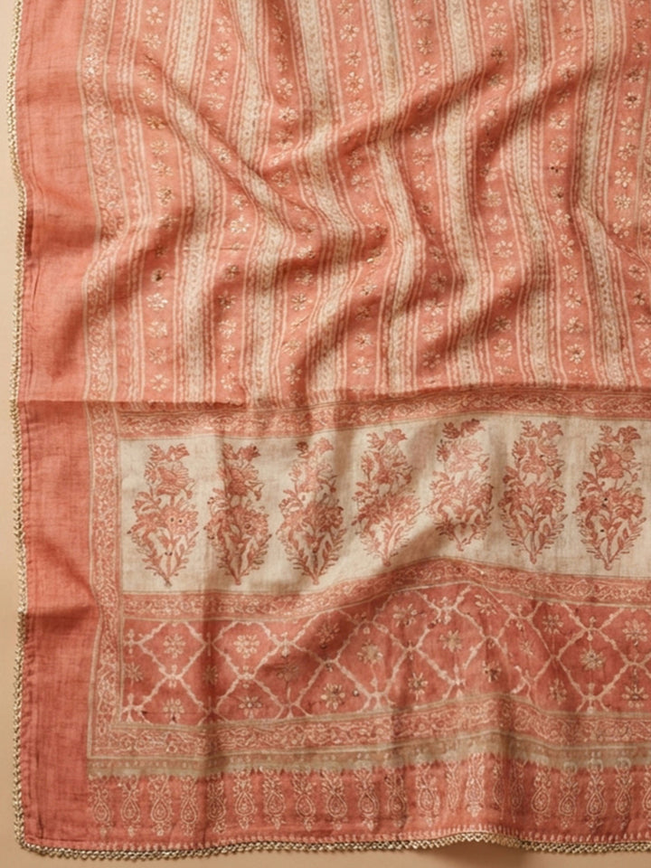 Peach Printed Chanderi Unstitched Dress Material
