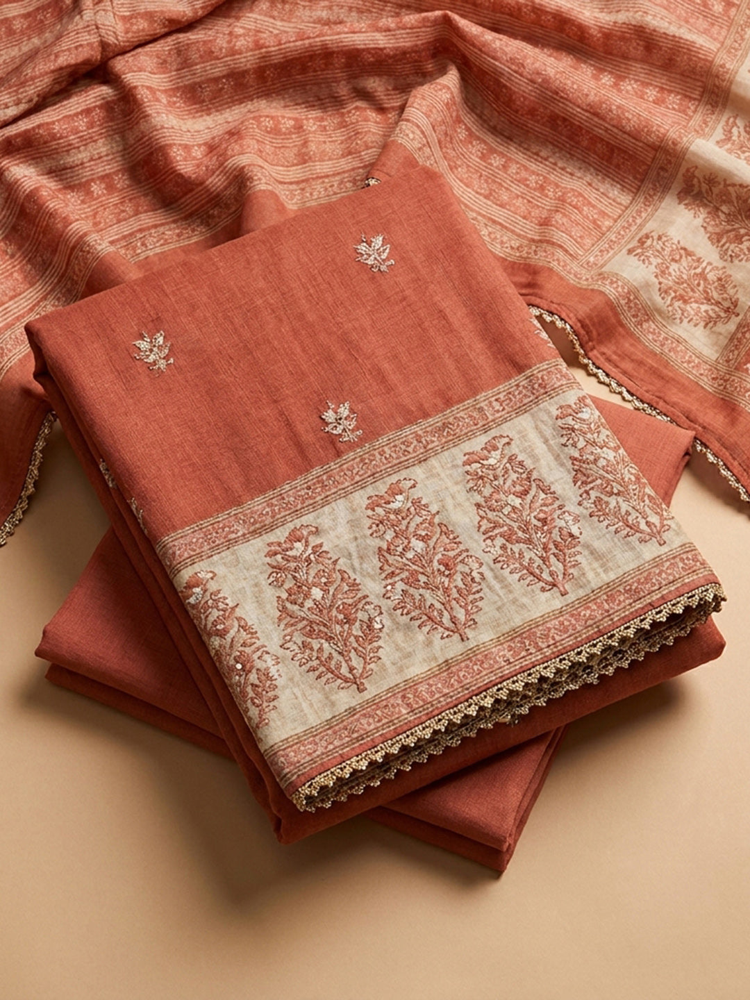Peach Printed Chanderi Unstitched Dress Material