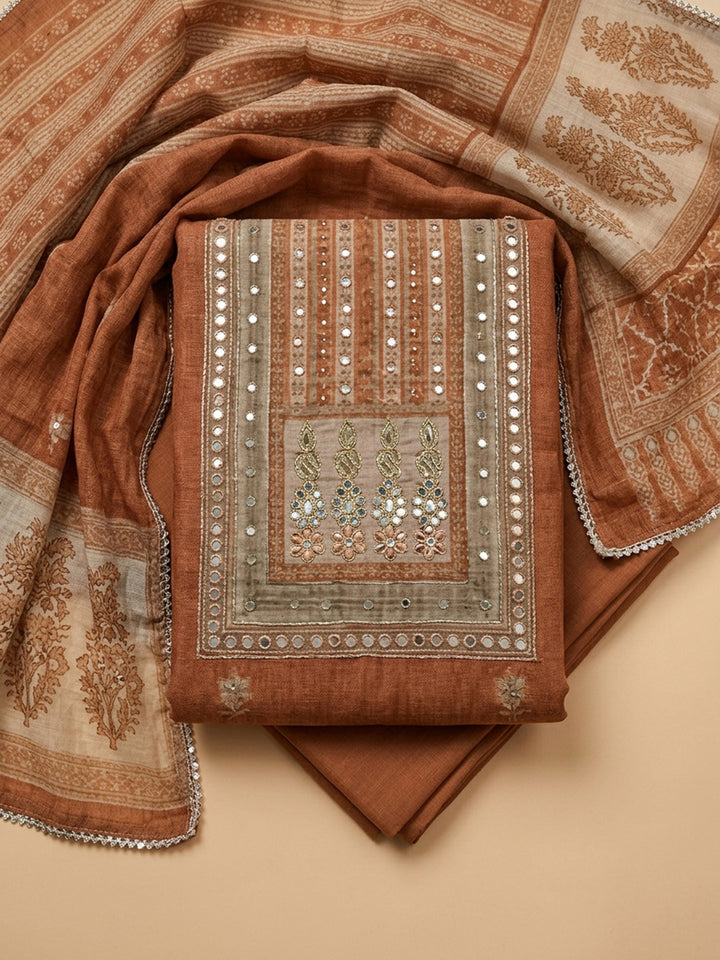 Rust Printed Chanderi Unstitched Dress Material