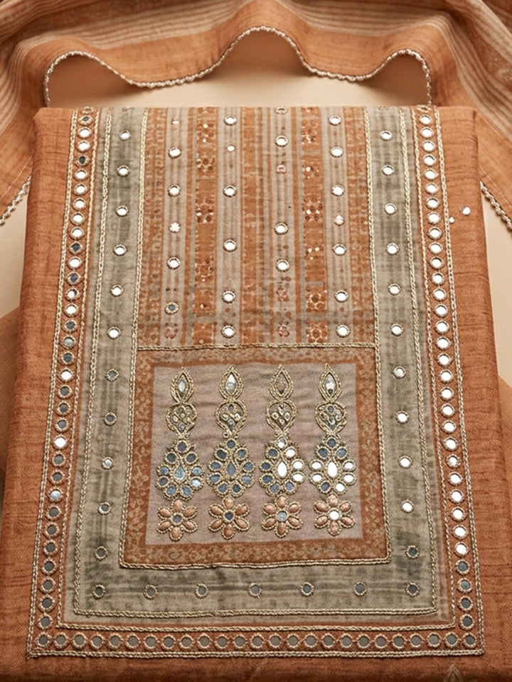Rust Printed Chanderi Unstitched Dress Material