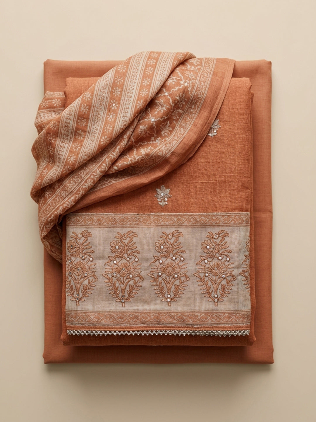 Rust Printed Chanderi Unstitched Dress Material